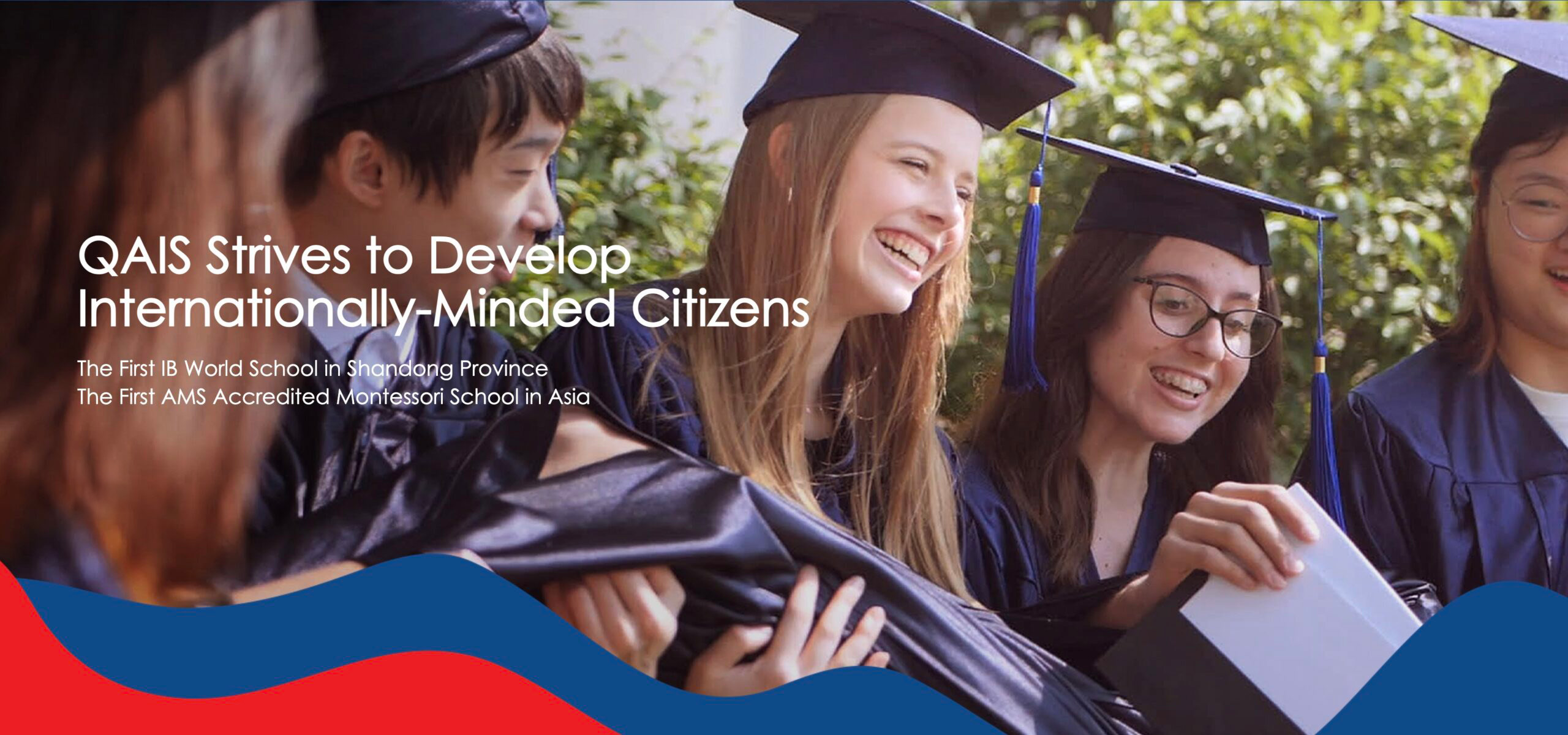 QAIS graduates in caps and gowns celebrating together outdoors, representing Qingdao Amerasia International School’s commitment to developing globally minded students through IB and Montessori education.